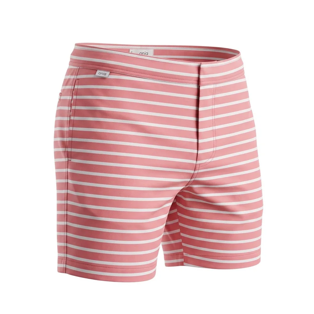 Onia The Calder Mens Red White Striped Swim Trunks XL 7 Inseam Board Shorts